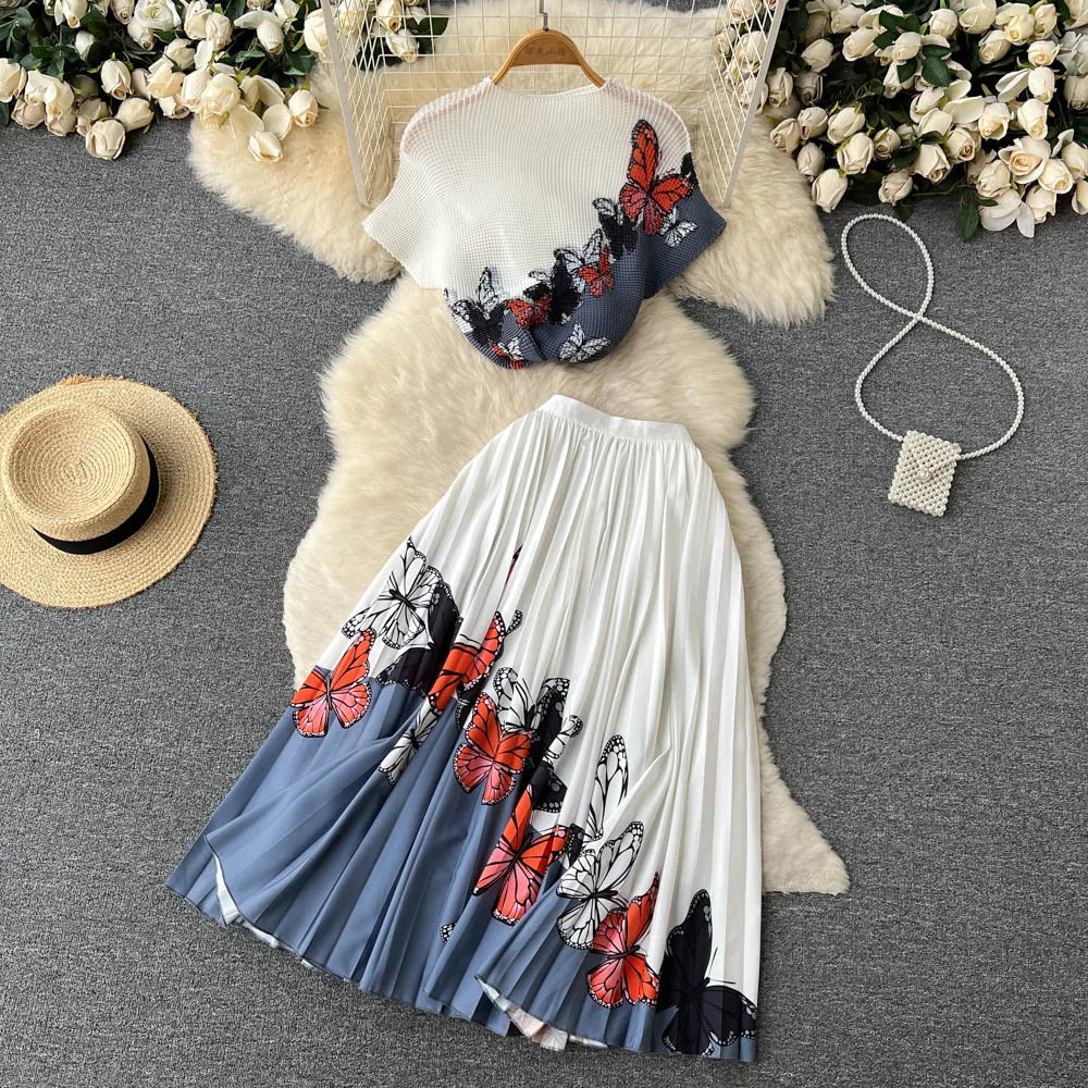 Fashionable Butterfly Print Set Round Neck Short T-shirt Top+Women's Summer High Waist Mid length pleated Skirt Two piece Sets