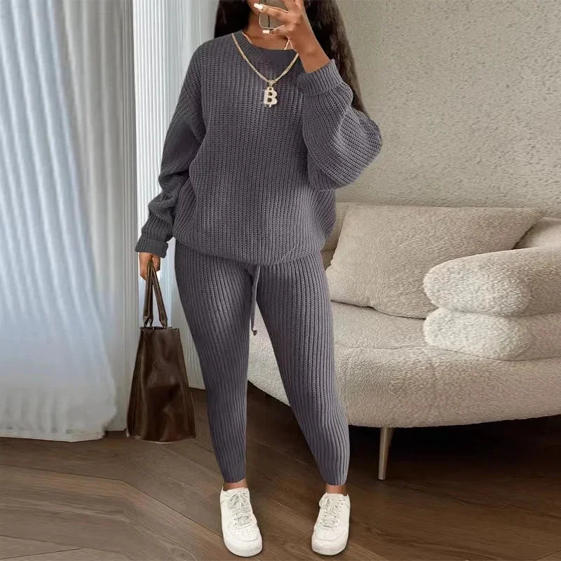 2024 Winter Two Piece Sets Women Clothing Autumn Fashion Casual Solid Round Neck Pullover Loose Pit Knitted Sweater Pants Suits