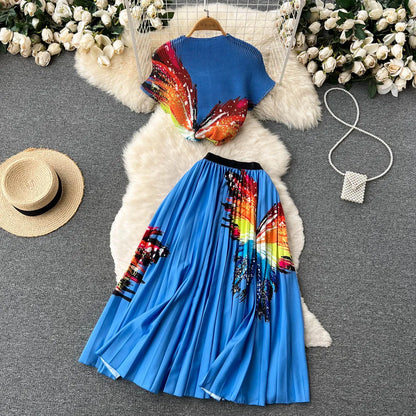 Fashionable Butterfly Print Set Round Neck Short T-shirt Top+Women's Summer High Waist Mid length pleated Skirt Two piece Sets