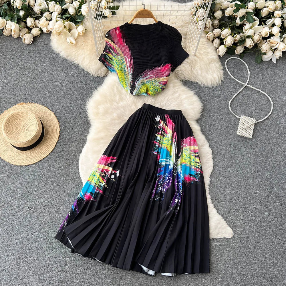 Fashionable Butterfly Print Set Round Neck Short T-shirt Top+Women's Summer High Waist Mid length pleated Skirt Two piece Sets