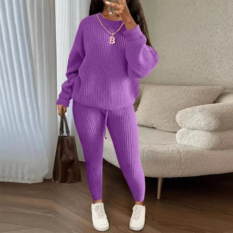 2024 Winter Two Piece Sets Women Clothing Autumn Fashion Casual Solid Round Neck Pullover Loose Pit Knitted Sweater Pants Suits