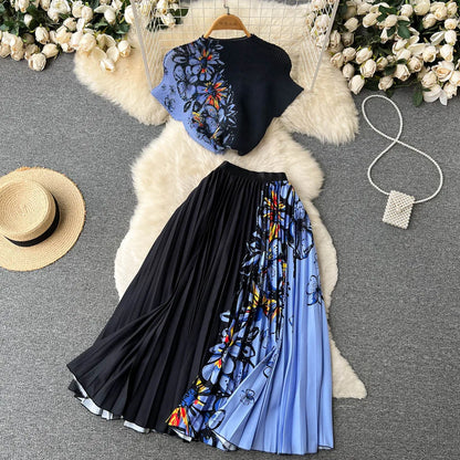 Fashionable Butterfly Print Set Round Neck Short T-shirt Top+Women's Summer High Waist Mid length pleated Skirt Two piece Sets