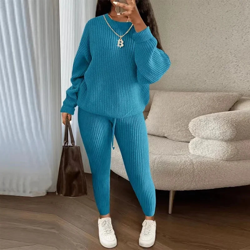 2024 Winter Two Piece Sets Women Clothing Autumn Fashion Casual Solid Round Neck Pullover Loose Pit Knitted Sweater Pants Suits