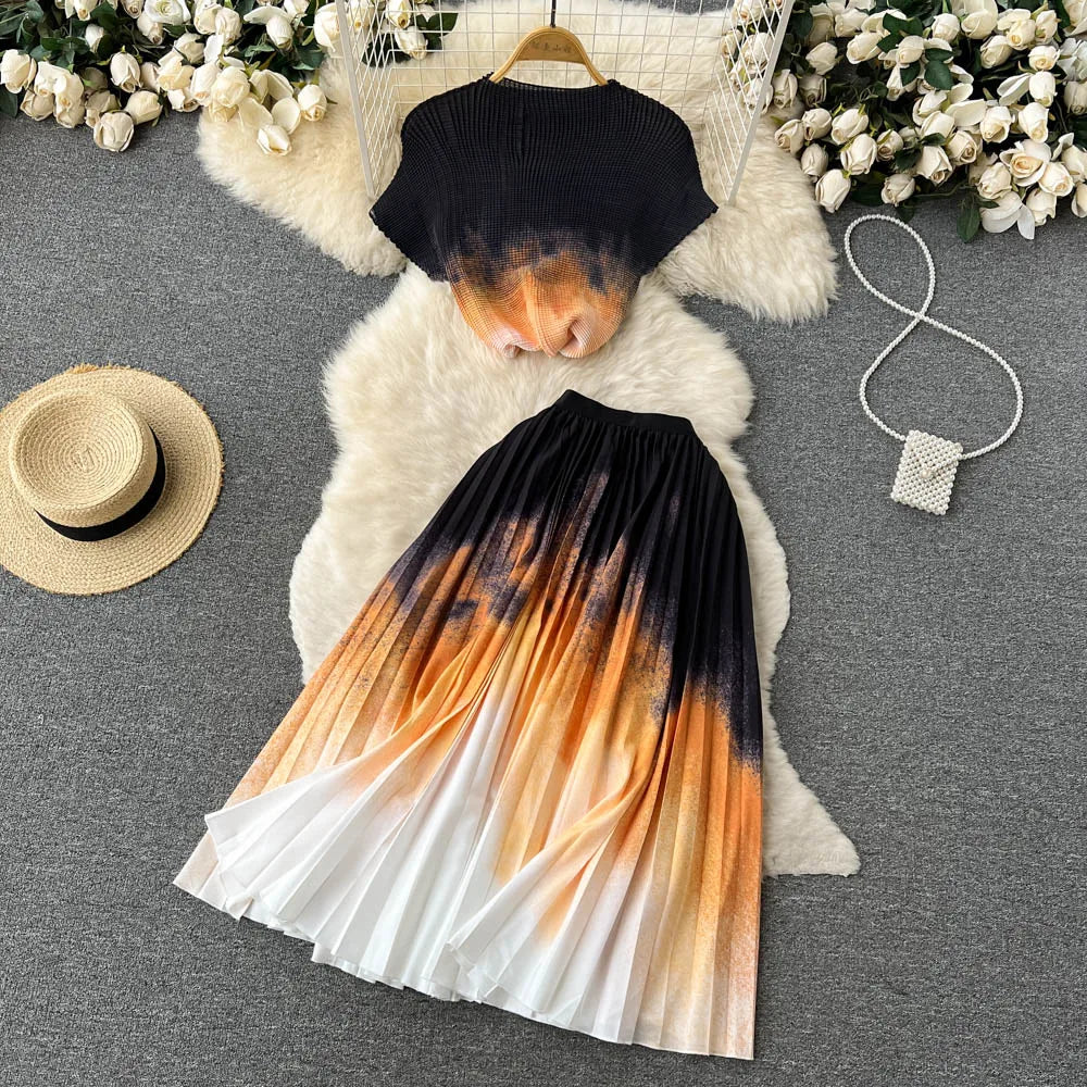 Fashionable Butterfly Print Set Round Neck Short T-shirt Top+Women's Summer High Waist Mid length pleated Skirt Two piece Sets