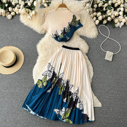 Fashionable Butterfly Print Set Round Neck Short T-shirt Top+Women's Summer High Waist Mid length pleated Skirt Two piece Sets