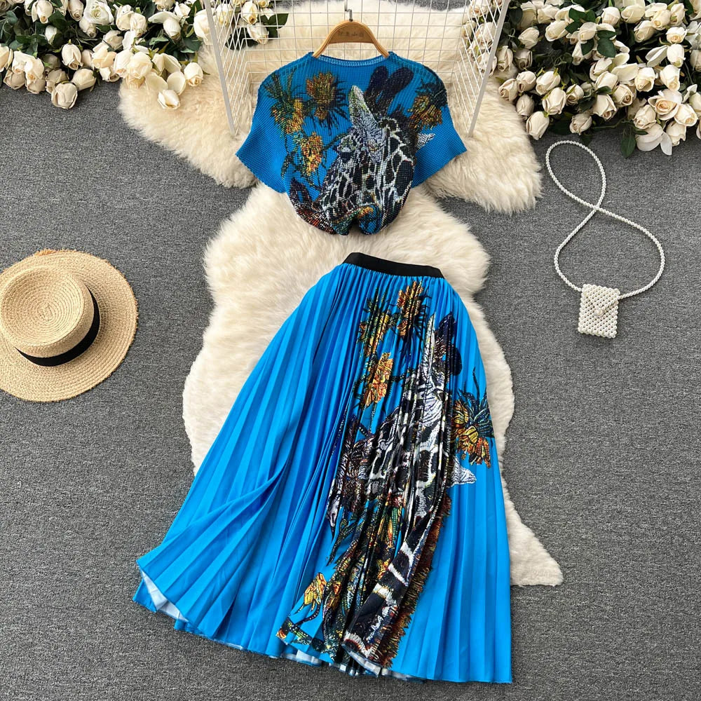 Fashionable Butterfly Print Set Round Neck Short T-shirt Top+Women's Summer High Waist Mid length pleated Skirt Two piece Sets