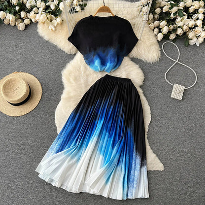 Fashionable Butterfly Print Set Round Neck Short T-shirt Top+Women's Summer High Waist Mid length pleated Skirt Two piece Sets