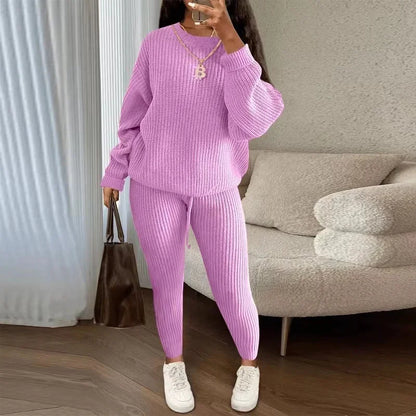 2024 Winter Two Piece Sets Women Clothing Autumn Fashion Casual Solid Round Neck Pullover Loose Pit Knitted Sweater Pants Suits