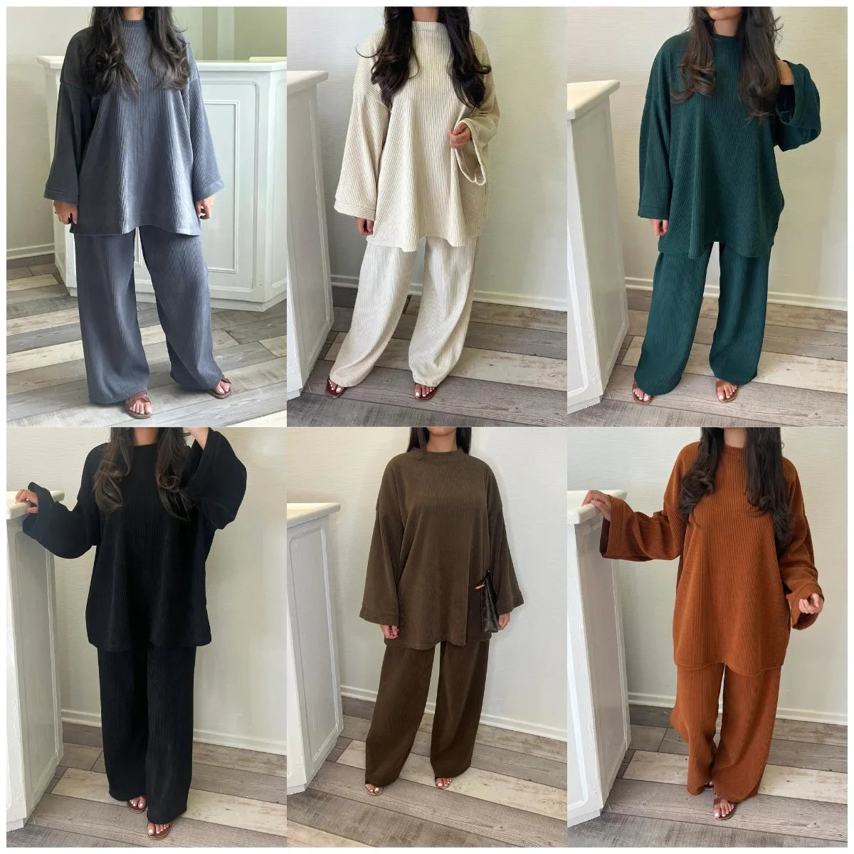 Autumn Winter Solid Color Corduroy Pants Sets Women Loose Long Sleeve Wide Legs Trousers Two Piece Set Female Commuting Clothing