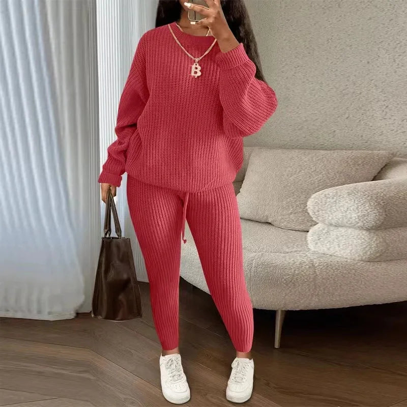 2024 Winter Two Piece Sets Women Clothing Autumn Fashion Casual Solid Round Neck Pullover Loose Pit Knitted Sweater Pants Suits