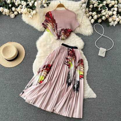 Fashionable Butterfly Print Set Round Neck Short T-shirt Top+Women's Summer High Waist Mid length pleated Skirt Two piece Sets