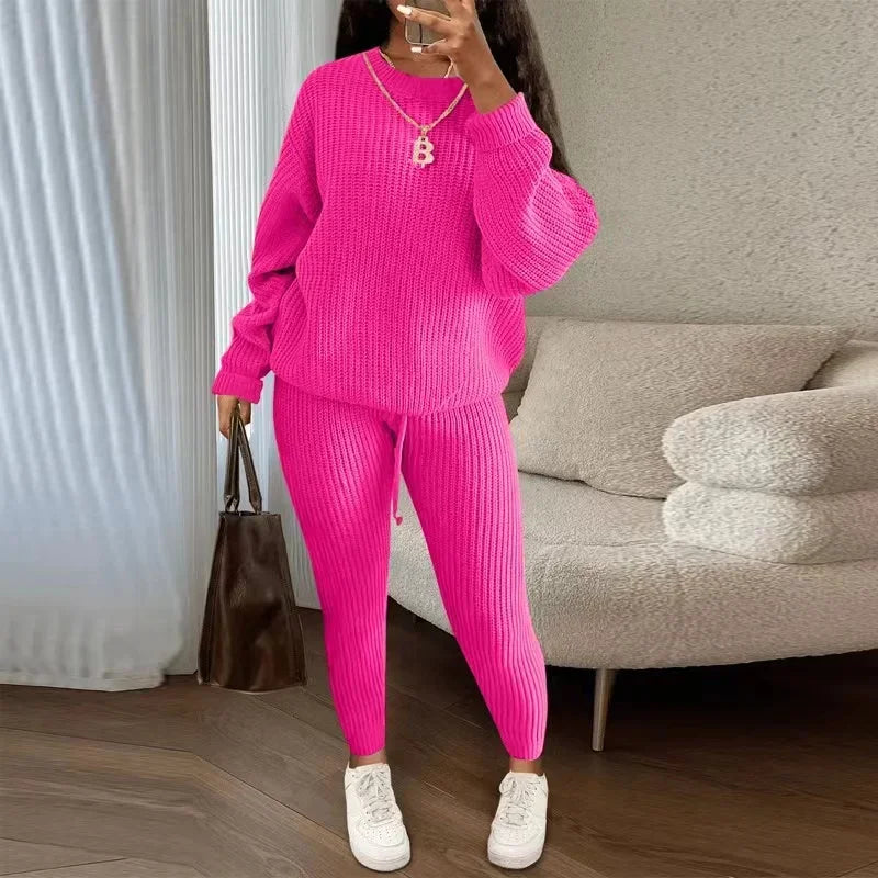 2024 Winter Two Piece Sets Women Clothing Autumn Fashion Casual Solid Round Neck Pullover Loose Pit Knitted Sweater Pants Suits