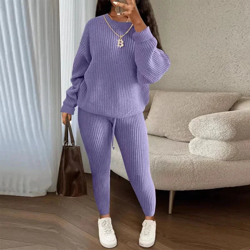 2024 Winter Two Piece Sets Women Clothing Autumn Fashion Casual Solid Round Neck Pullover Loose Pit Knitted Sweater Pants Suits