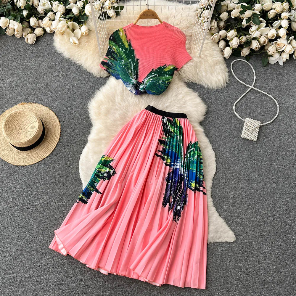 Fashionable Butterfly Print Set Round Neck Short T-shirt Top+Women's Summer High Waist Mid length pleated Skirt Two piece Sets