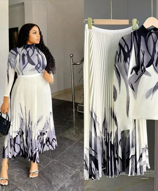 Fashion Print Pleated T-shirt+ Skirt Sets For Women Turtleneck Long Sleeves Slim Two-Piece Sets Party Clothing 2024 Spring New