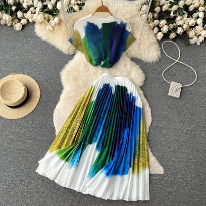 Fashionable Butterfly Print Set Round Neck Short T-shirt Top+Women's Summer High Waist Mid length pleated Skirt Two piece Sets