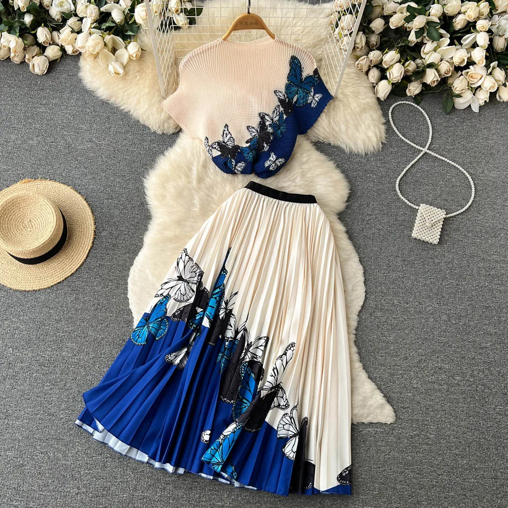 Fashionable Butterfly Print Set Round Neck Short T-shirt Top+Women's Summer High Waist Mid length pleated Skirt Two piece Sets