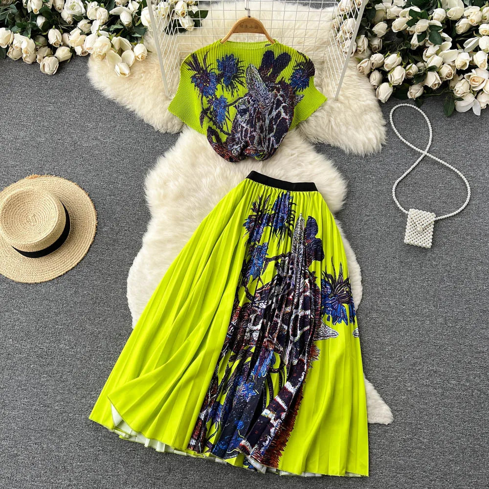 Fashionable Butterfly Print Set Round Neck Short T-shirt Top+Women's Summer High Waist Mid length pleated Skirt Two piece Sets